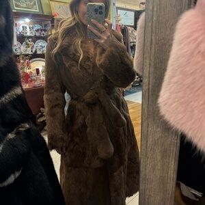 Long full length brown rabbit fur coat, Luxurious Brown Fur Coat, waist tie